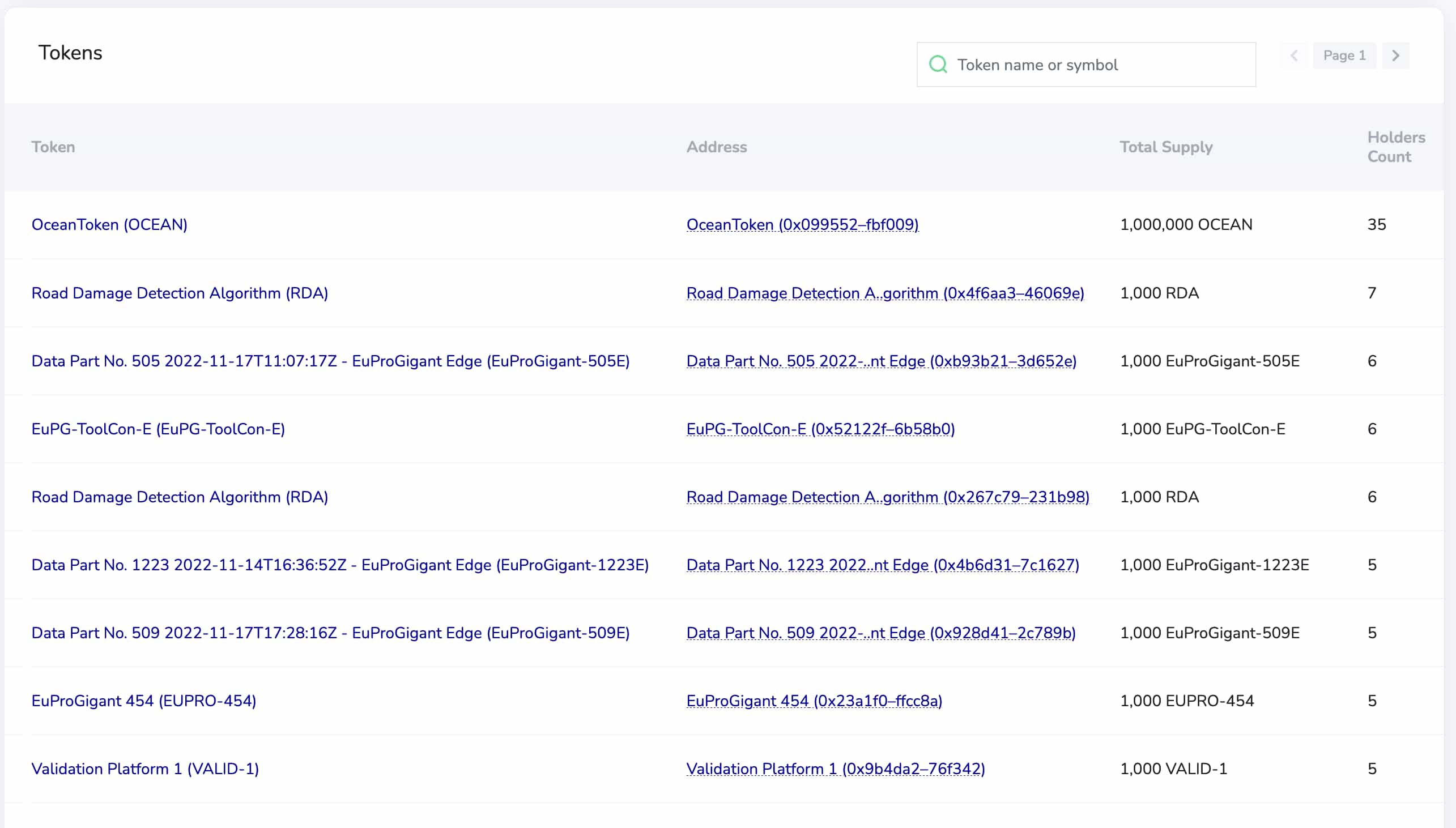 Explorer token list